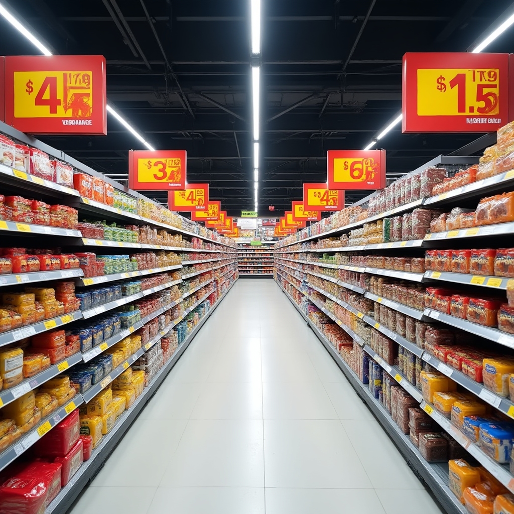 Wide supermarket aisle showing product placement strategy with eye-level premium products and promotional end caps